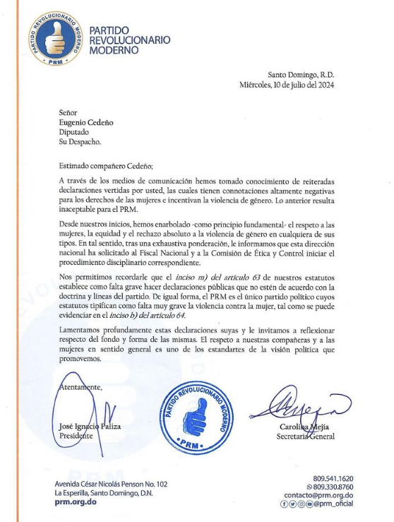 Carta del PRM dirigida a Cedeño